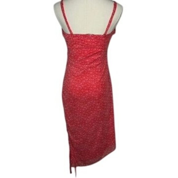 Red Floral Ruched Mesh Assymetrical Midi Dress Womens M Y2K Coquette 90s Beachy - Picture 3 of 12